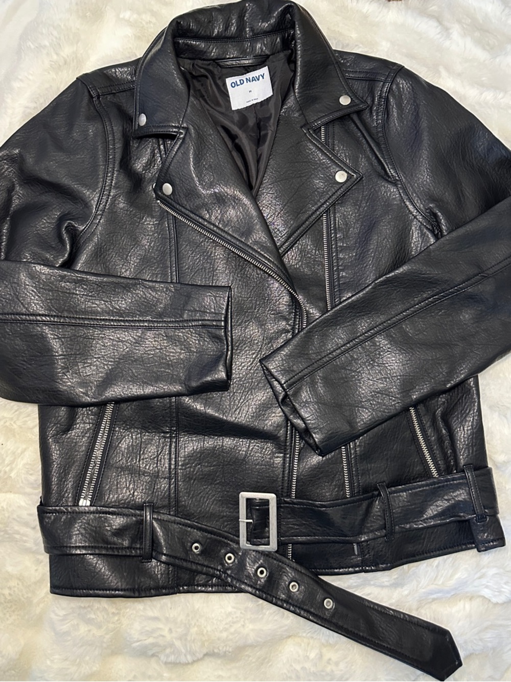 Old Navy Black Faux Leather Biker Jacket with Belt